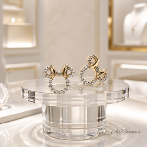 Pair of Playful Sparkle displayed on a clear stand—Beary Big Bowtie Stud Earrings in 925 silver with gold finish and white pavé stones, shaped like bear faces with bowties.
