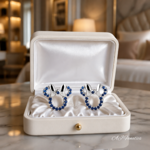 Pair of Whimsical Glam—Beary Big Bowtie Stud Earrings in polished silver 925, featuring sapphire blue stones in a bear-ear design with a bowtie.