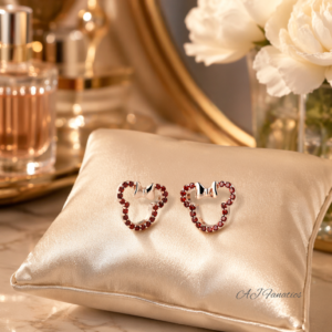 Beary Small Bowtie Stud Earrings in 925 silver with rose gold plating, dark garnet gems, and a petite bear silhouette and bowtie.