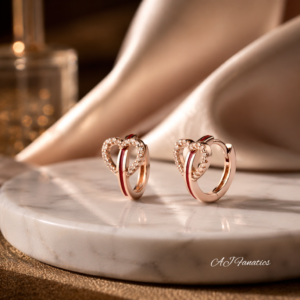 Cœur Entrelacé 925 Silver Rose Gold Champagne Earrings, rose gold hoops with interlaced heart outlines accented by champagne stones and a red enamel strand, displayed on a white marble stand with satin backdrop.