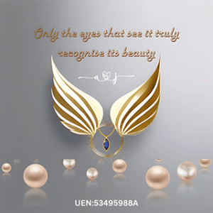 Gold and pearl-inspired jewelry logo with stylized wings, pearls, blue gemstone, and the quote "Only the eyes that see it truly recognize its beauty"