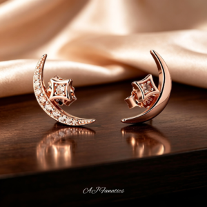 Crescent of Hope Stud Earrings in 925 silver with rose gold finish, featuring crescent moons and sparkling diamond motifs paved with champagne gems.