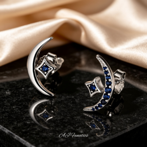 Crescent of Hope Stud Earrings in 925 silver, featuring crescent moons with deep blue sapphire gems and polished diamond motif centers, shown as a pair from front angles.