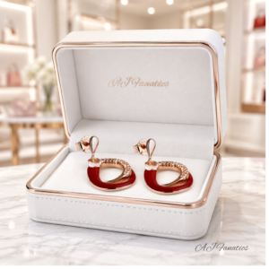 Enchanted Orbits Earrings precision-crafted in 925 silver with champagne gems and rose gold finish, featuring bold red enamel and textured accents in a modern open hoop design showcase in a white jewellery box to look elegant.