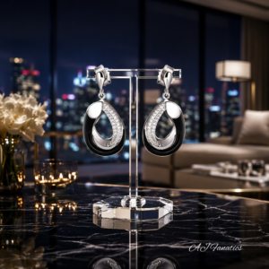 Enchanted Orbits Earrings in 925 silver, featuring a sculpted open teardrop shape with black enamel and pavé white stone accents, polished to a mirror shine.