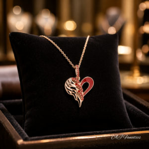 Rose gold necklace with a wing and heart pendant, featuring sculpted 925 silver wing detail, garnet gems, and an open red enamel heart, from the Heart Soarers 925 Silver Rose Gold Garnet Red Enamel Pendant Necklace