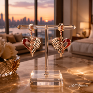 Pair of Passion Flight—Heart Soarers earrings featuring heart-shaped pendants in 925 silver with rose gold finish, vivid red enamel, and garnet gem accents.