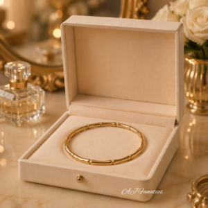 Forest Whisper Stainless Steel Gold Bangle Bracelet with bamboo-inspired links displayed inside a beige velvet jewellery box on a marble vanity with perfume and roses.