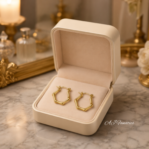 Forest Whisper Stainless Steel Gold Hoop Earrings with bamboo-inspired hexagon shape, displayed inside a beige velvet jewellery box on a marble vanity with golden decor.