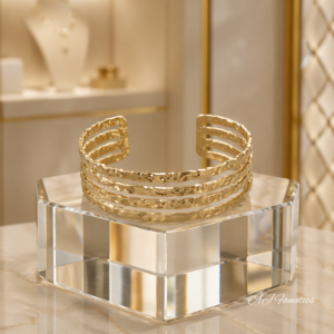 Four Arcs of Harmony Bangle Bracelet in gold-plated stainless steel, displaying four textured, intertwined arcs in an open cuff design.