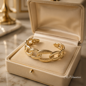 Harmonious Embrace Bangle Bracelet in gold-plated stainless steel, displayed in a jewellery box, highlight its bold open chain-link design and polished finish.