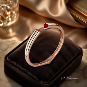 Heart to Heart 925 Silver Red Enamel Rose Gold Bangle Bracelet with open-ended design and tiny red enamel hearts on each tip, displayed on a velvet jewellery box with a warm, golden backdrop.