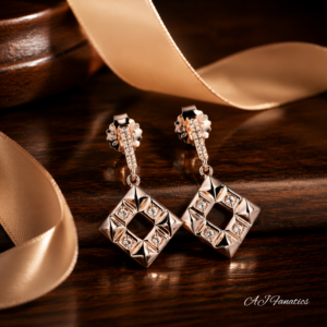 Square of Secrets Earrings in rose gold-plated 925 silver, featuring openwork geometric diamond shapes with champagne gems and detailed drop studs.