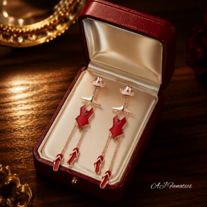Summer Soirée 925 Silver Rose Gold Red Drop Earrings, featuring a red enamel swim suit, a sunhat, and slippers linked by delicate chains.