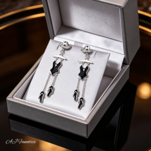 Summer Soirée Drops Statement Earrings in 925 silver, featuring black enamel charms shaped of a sunhat, swimsuit, and slippers with polished silver chains displayed in a classic box.