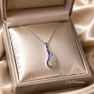 Winged Adorners 925 Silver Sapphire Pendant Necklace shown on a white background, featuring a silver wing pendant with sapphire blue accents and a silver chain.