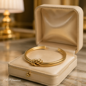 Gold 18K‑plated stainless steel open bangle bracelet with a central fusion knot detail, displayed in a jewellery box.