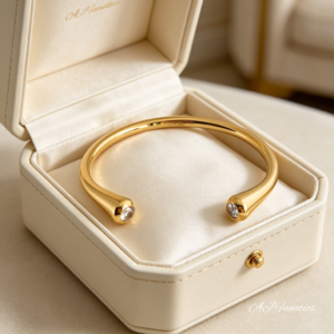 Polished gold stainless steel Fusion Spark open cuff bangle bracelet with petite cubic zirconia stones at tapered ends displayed in a jewellery box.