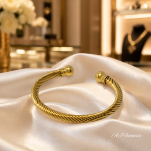 Gold twisted helix cuff bangle bracelet made of stainless steel, featuring polished sphere end-caps on an open-cuff design from The Fusion Collection.