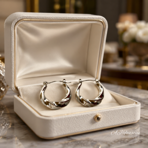 Silver stainless steel hoop earrings with twisted design curated by AJ Fanatics