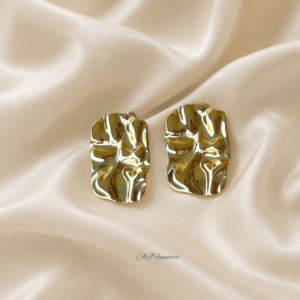 Wanderlust Wave Stainless Steel Gold Earrings featuring organic, crinkled rectangle studs with a high-shine, sculptural finish on a white background.