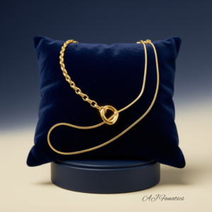 Golden Link Harmony stainless steel gold necklace with mixed chain and smooth curve design, draped over a deep navy velvet cushion on a round pedestal against a gradient background.